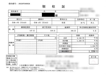 １，２５０円―領収書（７／１６　ショッピングモール薬局）