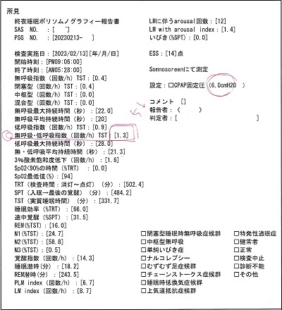 睡眠効率６６．０％ー終夜睡眠ポリグラフィー報告書