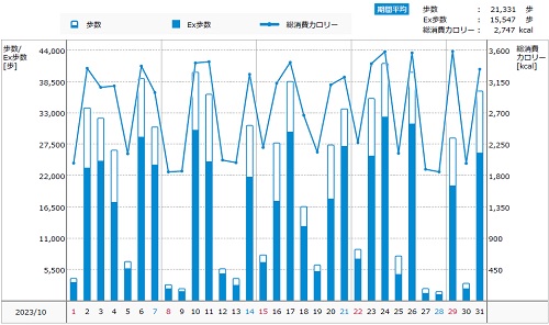 歩数のグラフ（2023年10月）ー活動量計