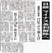 日銀 マイナス金利解除へー地方新聞一面