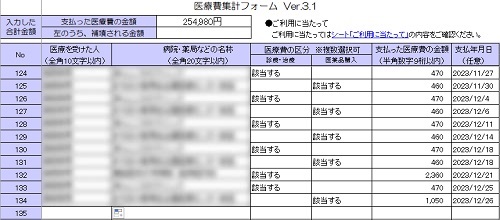 ２５４，９８０円ー医療費集計フォームＶｅｒ．３．１